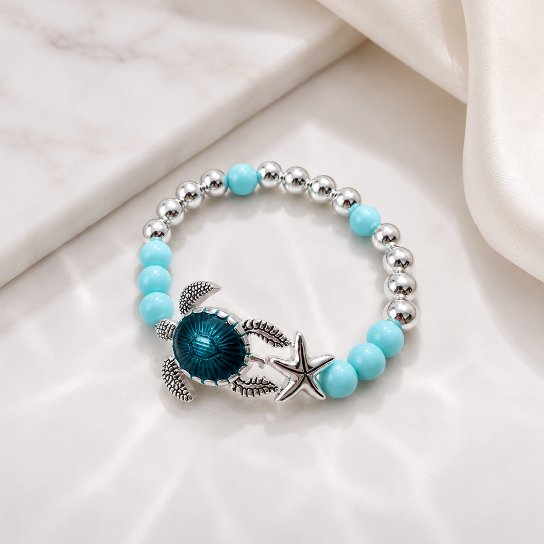 Silver Plated Beaded Blue Turtle Bracelet