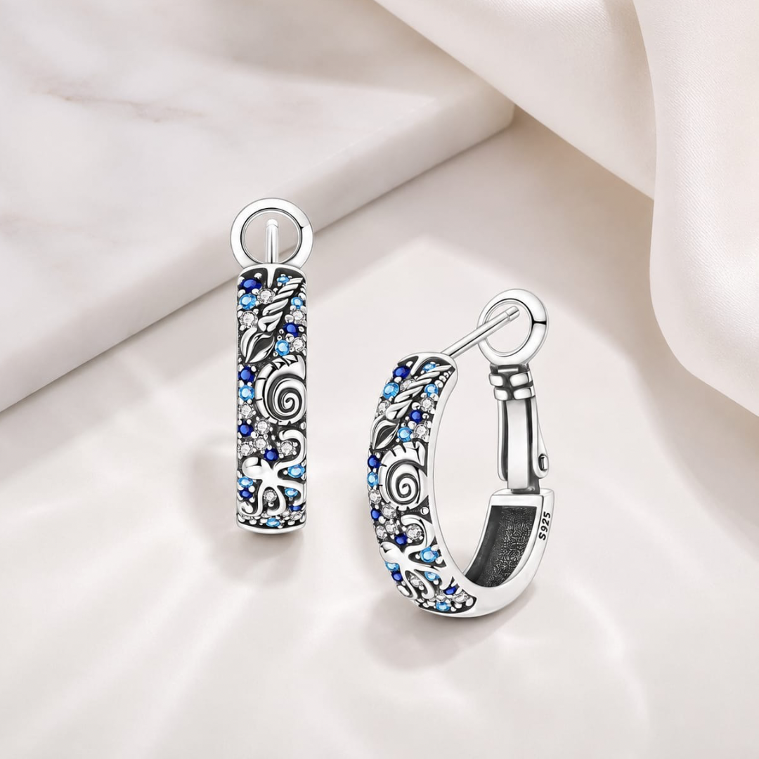 925 Sterling Silver Ocean Creature Pattern Hoop Earrings